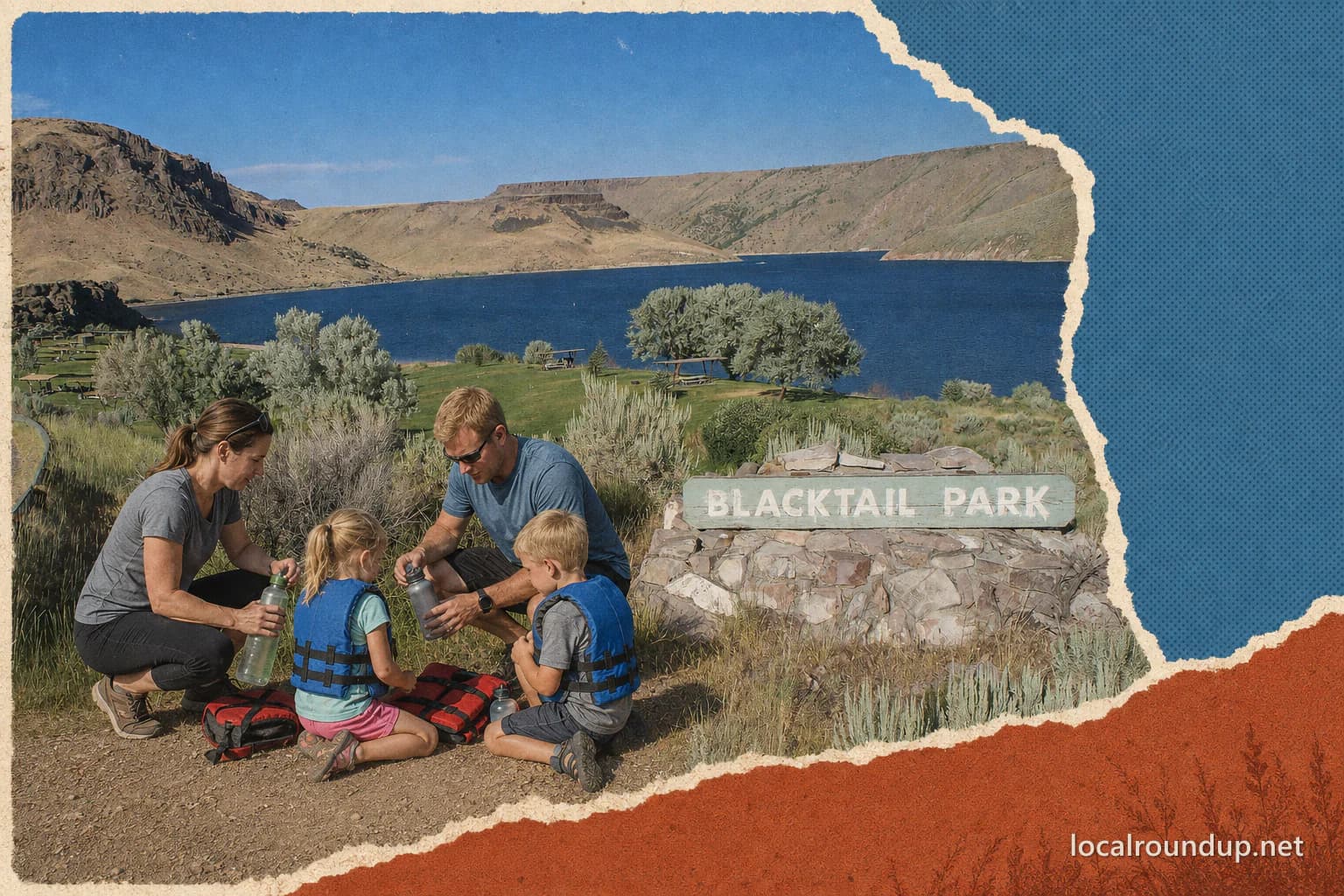 A family preparing water and life jackets at Blacktail Park on Ririe Reservoir