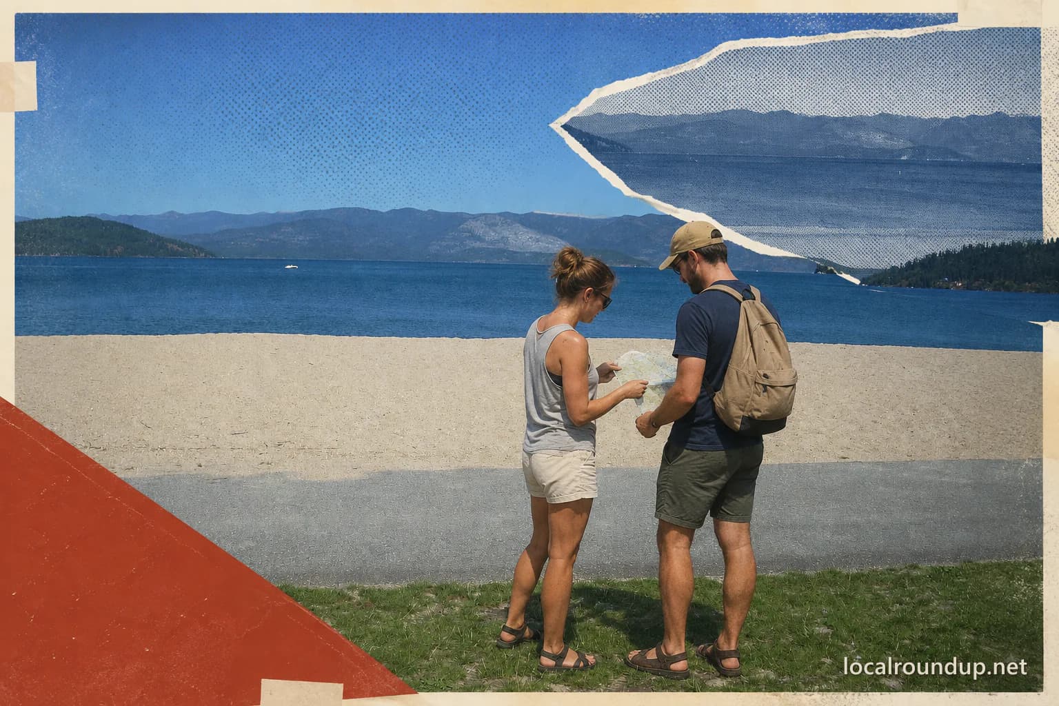 Two visitors compare a map at Sandpoint City Beach with Lake Pend Oreille beyond