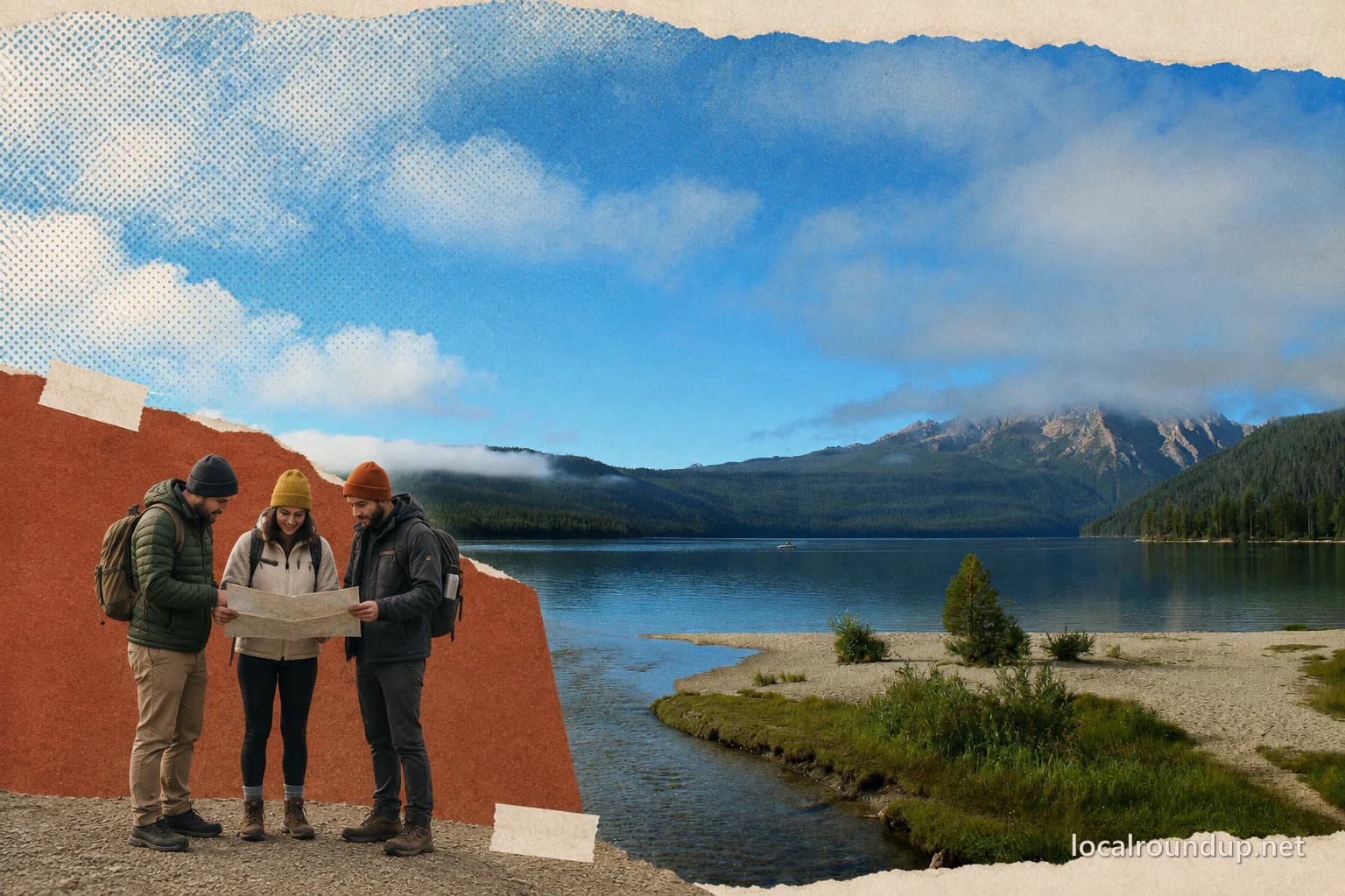 Three visitors consulting a route map on the shore of Redfish Lake