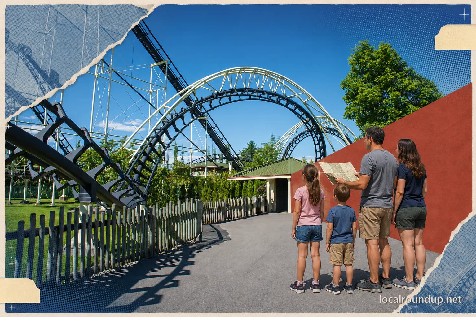 A family checks a park map beside the Corkscrew roller coaster at Silverwood