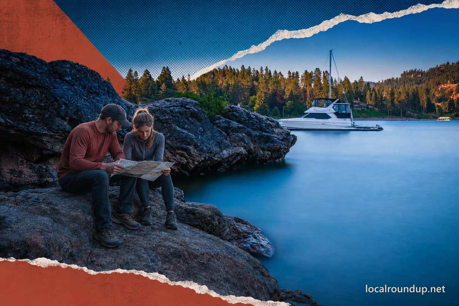 Two hikers compare a route map on the rocky shore at Tubbs Hill