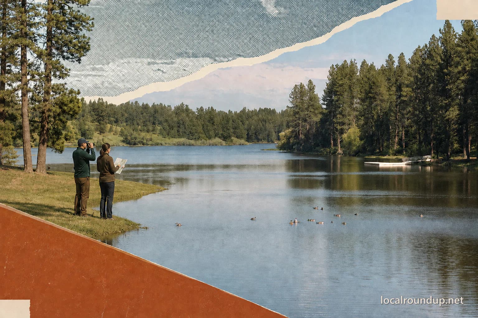 Two visitors check a map and binoculars beside Winchester Lake